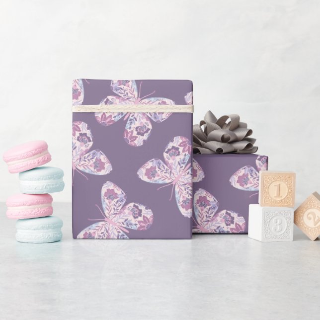 Papier Cadeau Motif à papillon rose violet (Baby Shower)