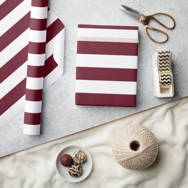 Papier Cadeau Motif à rayures blanc et bordeaux d'automne (Artisanat)
