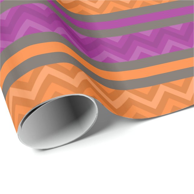 Papier Cadeau Motif à rayures de chevron violet et orange (Coin rond)