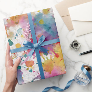 Papier Cadeau Motif Abstrait de Giclée d'Aquarelle Arc-en-ciel