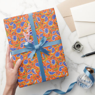 Papier Cadeau Motif Abstrait Orange Paisley