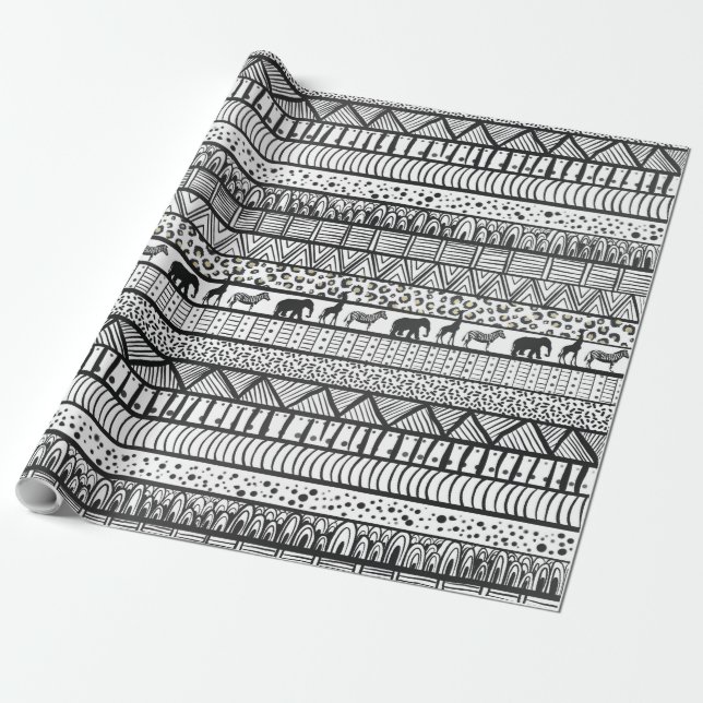 Papier Cadeau Motif africain tribal noir blanc (Déroulé)