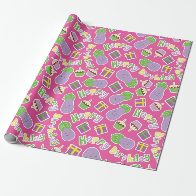 Papier Cadeau Motif Anniversaire Aubergine (Déroulé)