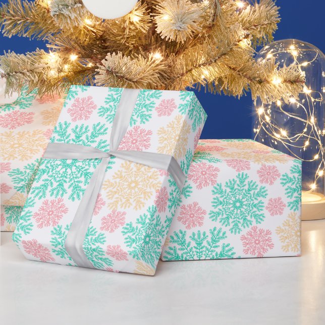 Papier Cadeau Motif Aqua Pink et Gold Snowflakes (Vacances)
