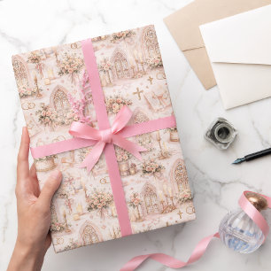Papier Cadeau Motif aquarelle de mariage en cathédrale rose tend