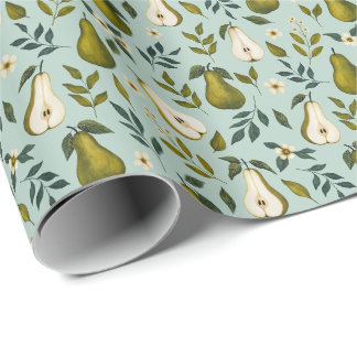 Papier Cadeau Motif aquarelle de poire verte sur bleu poussiéreu