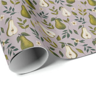 Papier Cadeau Motif aquarelle de poire verte sur lilas poussiére