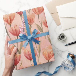Papier Cadeau Motif aquarelle de tulipe corail pêche romantique