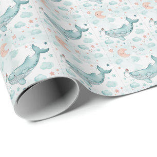 Papier Cadeau Motif aquarelle pastel bébé baleine mignonne 