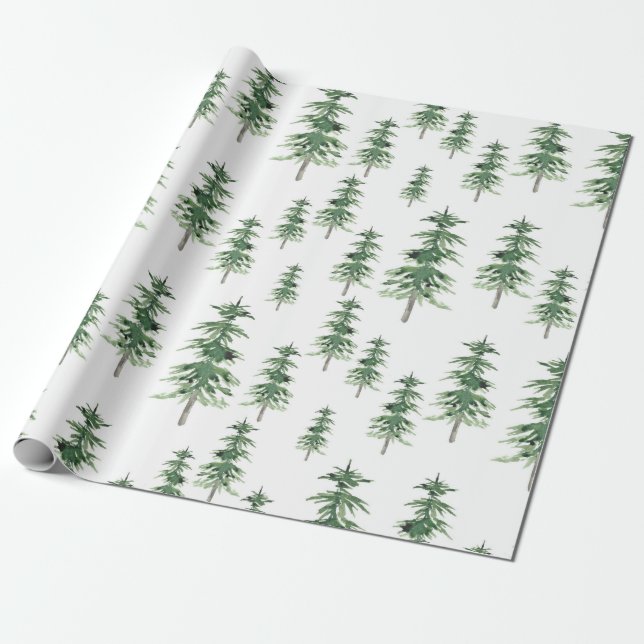 Papier Cadeau Motif Arbre de pins aquarelle (Déroulé)