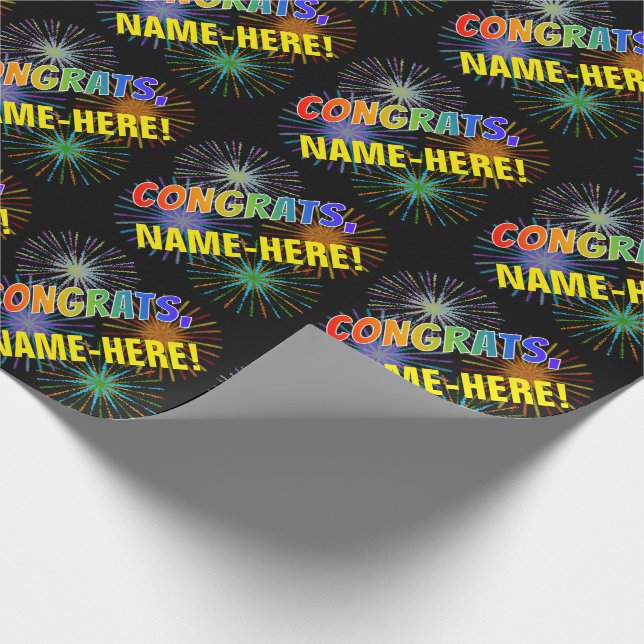 Papier Cadeau Motif arc-en-ciel "CONGRATS", Fireworks, Nom perso (Coin)