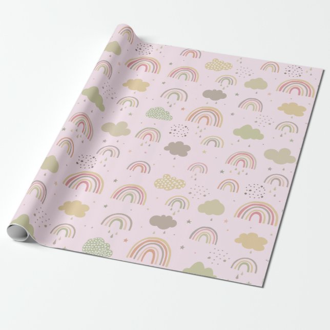 Papier Cadeau Motif arc-en-ciel rose et beige (Déroulé)