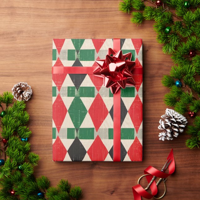 Papier Cadeau Motif arlequin Diamant Rouge et Vert (Cadeau de vacances)