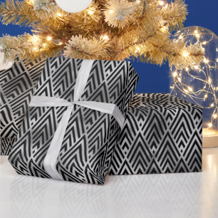Papier Cadeau Motif Art Déco Diamant Chevron Argent Élégant