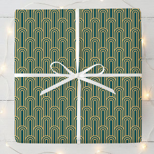 Papier Cadeau Motif Art Déco Élégant Arches Sarcelle Or Chic