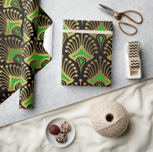 Papier Cadeau Motif Art déco or et vert sur noir