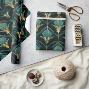 Papier Cadeau Motif Art Déco Turquoise et Or