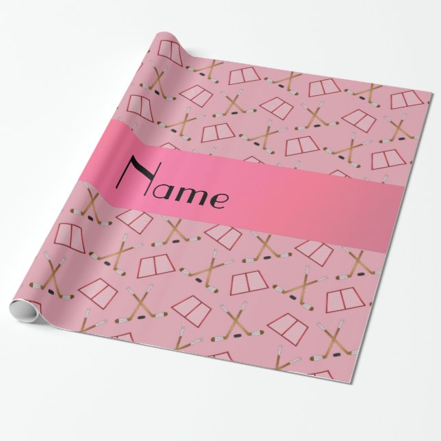 Papier Cadeau Motif assez rose nommé personnalisé d'hockey (Déroulé)