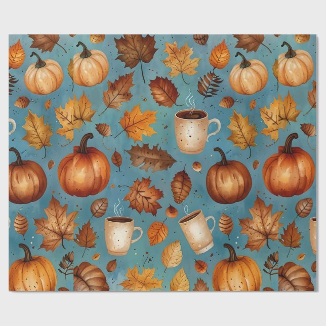 Papier Cadeau Motif Automne sans couture avec Citrouilles, Feuil (Plat)