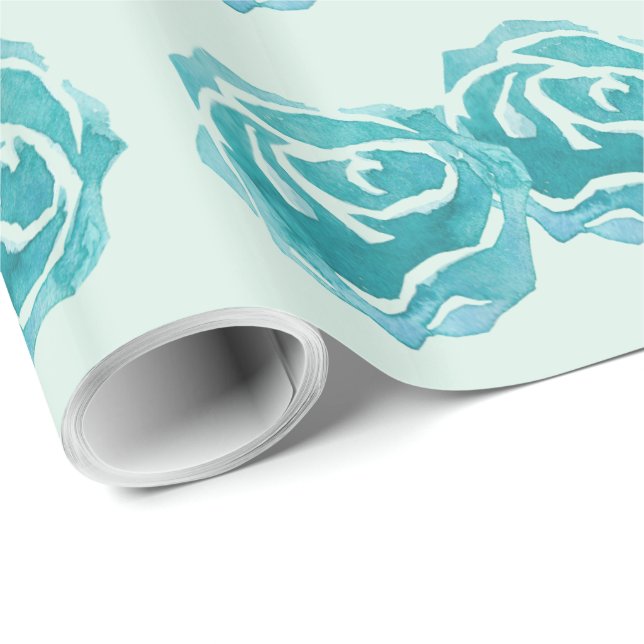 Papier Cadeau Motif avec 3 grands Roses Turquoises (Coin rond)