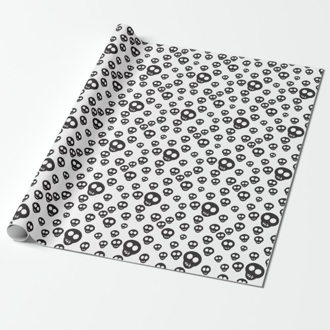 Papier Cadeau Motif avec crâne noir sur blanc (Déroulé)