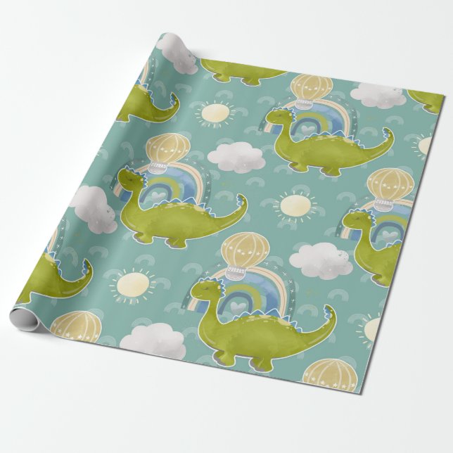 Papier Cadeau Motif Baby shower Dinosaure Et Ballotte À Air Chau (Déroulé)