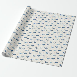 Papier Cadeau Motif Baleines Bleues avec Petites Étoiles