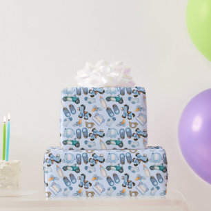 Papier Cadeau Motif bébé garçon aquarelle avec jouets vêtements 
