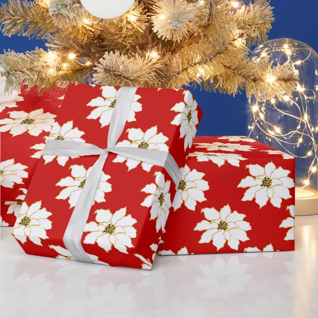 Papier Cadeau Motif blanc rouge or Poinsettia (Vacances)