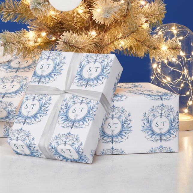 Papier Cadeau Motif bleu Vintage Monogramme (Vacances)