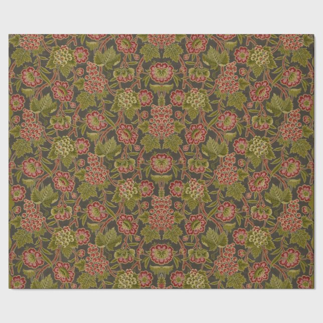 Papier Cadeau Motif botanique antique de fleurs rouges et de rai (Couture)