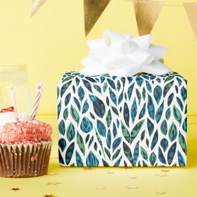 Papier Cadeau Motif botanique bleu et vert feuille (Fête d'anniversaire)