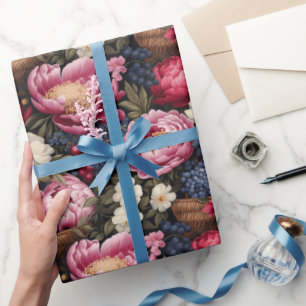 Papier Cadeau Motif botanique de fleurs et de baies roses