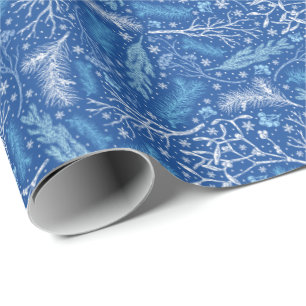 Papier Cadeau Motif botanique d'hiver bleu et blanc