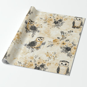 Papier Cadeau Motif botanique floral de chouette beige neutre