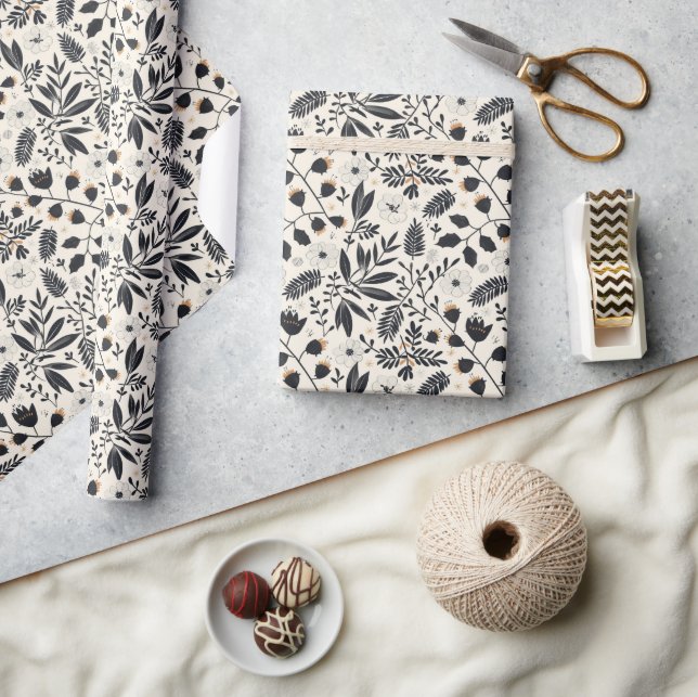 Papier Cadeau Motif botanique noir et blanc Noël rustique (Artisanat)