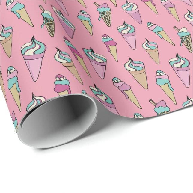 Papier Cadeau Motif cadeau de cône de crème glacée rose (Coin rond)
