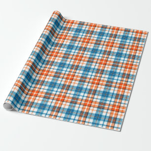 Papier Cadeau Motif carreaux tartan bleu orange blanc