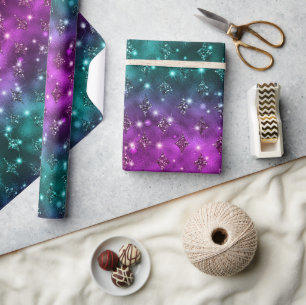 Papier Cadeau Motif céleste pailleté ombré sarcelle et rose