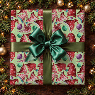 Papier Cadeau Motif Chapeaux de Gnome Rouges Verts Fantaisistes