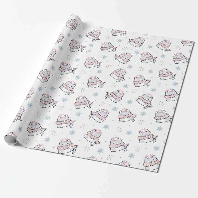 Papier Cadeau Motif Chat d'hiver mignon avec Écharpes et Flocon  (Déroulé)