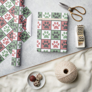 Papier Cadeau Motif chèque Empreinte de patte Pastel rouge et ve