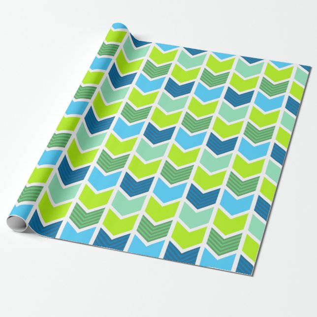 Papier Cadeau Motif Chevron moderne vert et bleu géométrique (Déroulé)