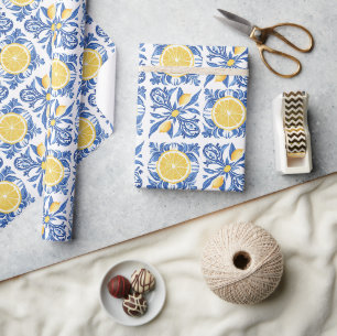 Papier Cadeau Motif citron bleu méditerranéen