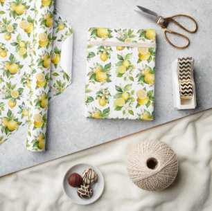 Papier Cadeau Motif citron, Fleurs de citron, Feuilles, Citrus