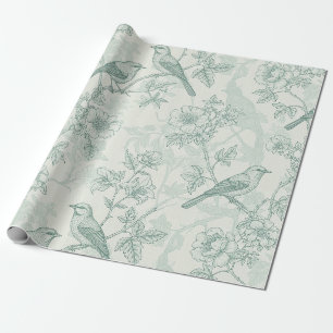 Papier Cadeau Motif Classique de Jardin d'Oiseaux Toile Crème Me