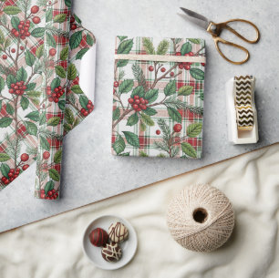 Papier Cadeau Motif classique de Noël vintage à carreaux et au h