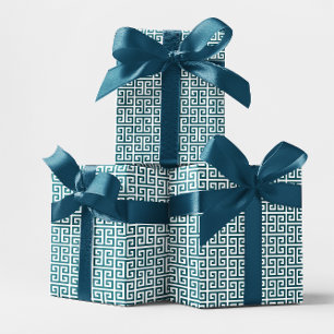 Papier Cadeau Motif clé grec sarcelle foncé et blanc