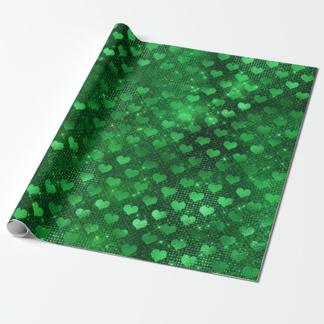 Papier Cadeau Motif Cœurs Glamour Vert Émeraude (Déroulé)