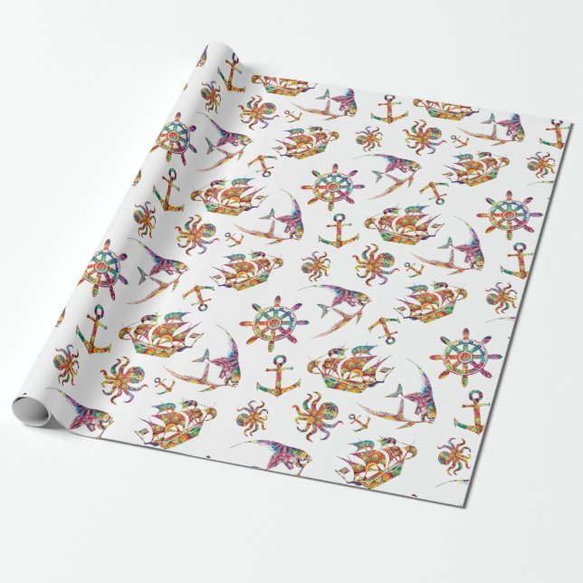 Papier Cadeau Motif coloré nautique (Déroulé)